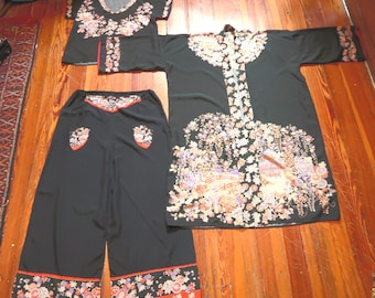 Rare Japanese 20s/30s Fine Silk Floral Three Piece Pajama Set  Wide Legged Pants, Short Sleeved Top, and Robe/Jacket/Duster