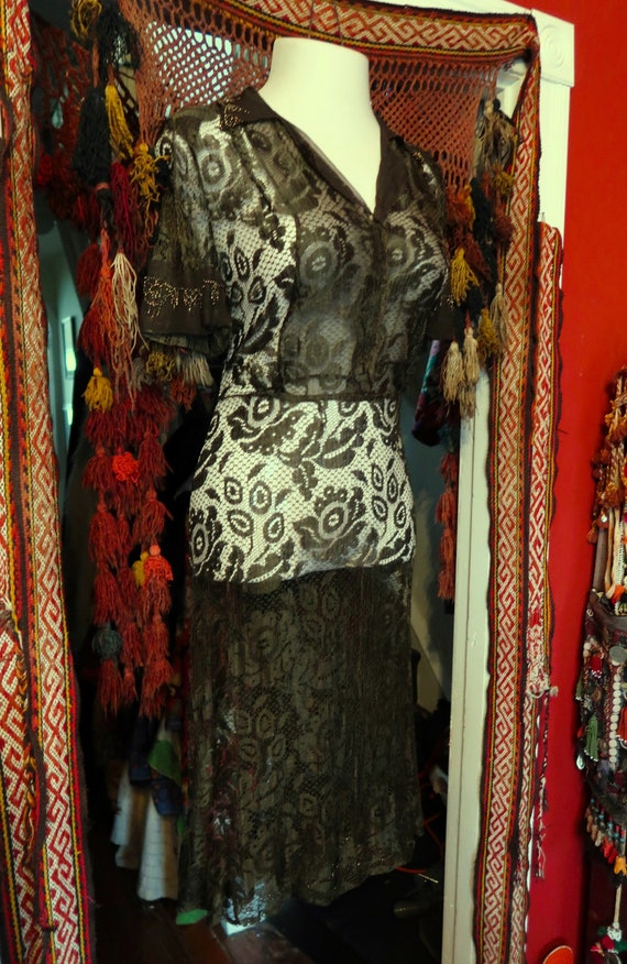 Unusual 30s/40s Dark Forest Green Lace Dress w/Bla