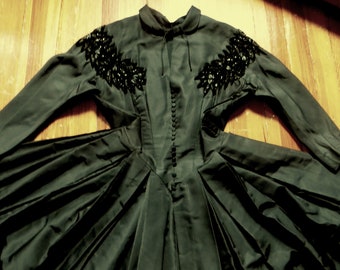 Stunning Sophisticated 50s Black Silk Dress w/Elaborate Beadwork/Crochet and Heavily Pleated Skirt, Wearable Size