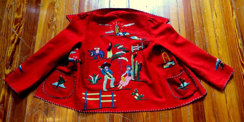 1940s50s Heavily EmbroideredFigured Red Wool Mexican Jacket