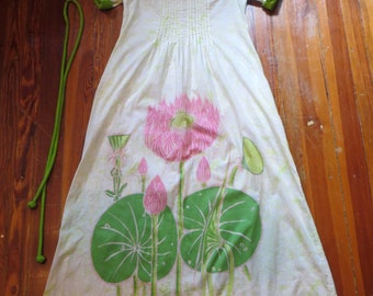 Gorgeous 1960s/70s Pink and Lime Green Thai Cotton Dress/Kaftan w/Cord Belt Siamese Trader