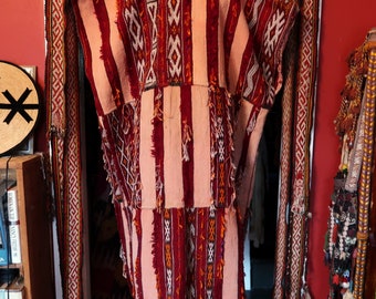 Rare OOAK Handmade Moroccan Wool Kilim Rug Dress/Kaftan/Coat/Long Poncho/Huipil, Ethnic Textile Art to Wear or Display