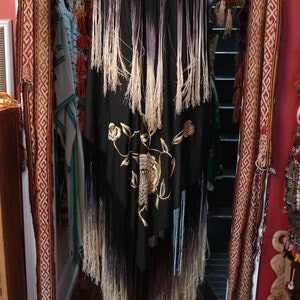 Stunning Rare Victorian/20s Black Silk Piano Shawl w/White Embroidered Florals and Ombre Black and White Super Long Fringe