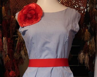 Gorgeous 1930s/40s Long Blue Cotton Fit and Flare Dress w/Full Skirt and Modified Back Swag