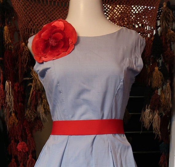 Gorgeous 1930s/40s Long Blue Cotton Fit and Flare… - image 1