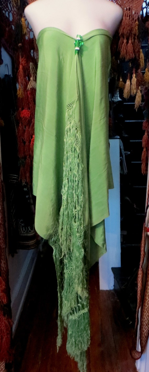 Unusual  20s? Vintage Green Silk Faille Fringed S… - image 8