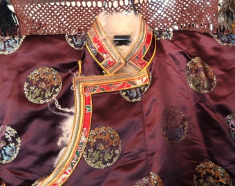 Amazing Rare Vintage Tibetan/Mongolian Lamb's Wool Fur Lined Sherpa Silk Jacket w/Fabulous Trim, Fabulous Ethnic Textile Art Larger Size