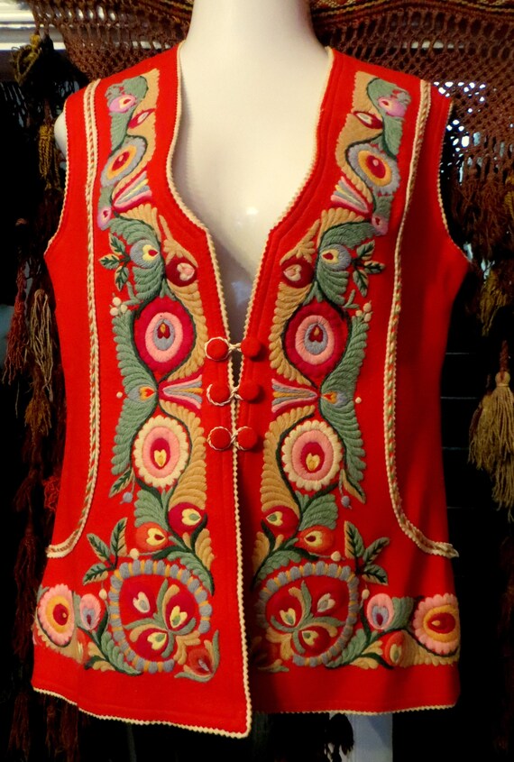 Red Hungarian Wool Folk Art Embroidered Vest