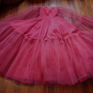 SALE Outrageous 50s Ruby Pink Rose Velvet and Tulle Strapless Ball Gown w/Matching Tulle Crinoline Skirt/Shawl/Cape/Wrap/Scarf