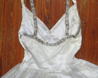 SALE Stunning Old Hollywood Glittering 40s/50s Dress w/Silver Metallic Tulle Fabric and Extensive Rhinestoned/Beaded Straps