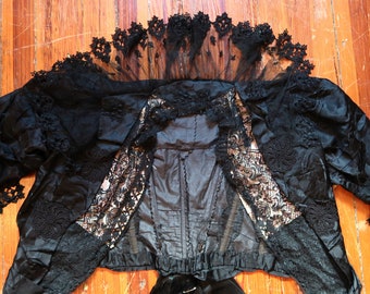 Antique Victorian Black Silk Satin Bodice/Top w/Netted Lace, Embroidery, Crochet, Appliques, Fabulous Leg of Mutton Sleeves & Long Rear Swag