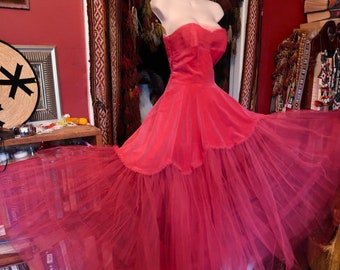 SALE Outrageous 50s Ruby Pink Rose Velvet and Tulle Strapless Ball - Main Image