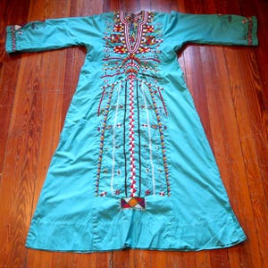 Jaw Dropping 70s Turquoise Middle Eastern/Egyptian Siwa Oasis Hand Embroidered Dress/Kaftan in Gorgeous Colors, Wearable Ethnic Textile Art
