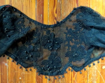 AMAZING Victorian Black Netted/Crochet/Lace/Appliqued Jacket/Bolero/Shrug/Capelet w/Dangling Ball Trim