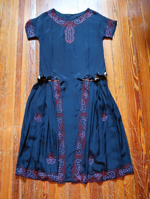 Stunning 20s Dark Blue Crepe Beaded Dress w/Fabul… - image 2