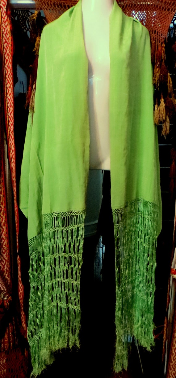 Unusual  20s? Vintage Green Silk Faille Fringed S… - image 2