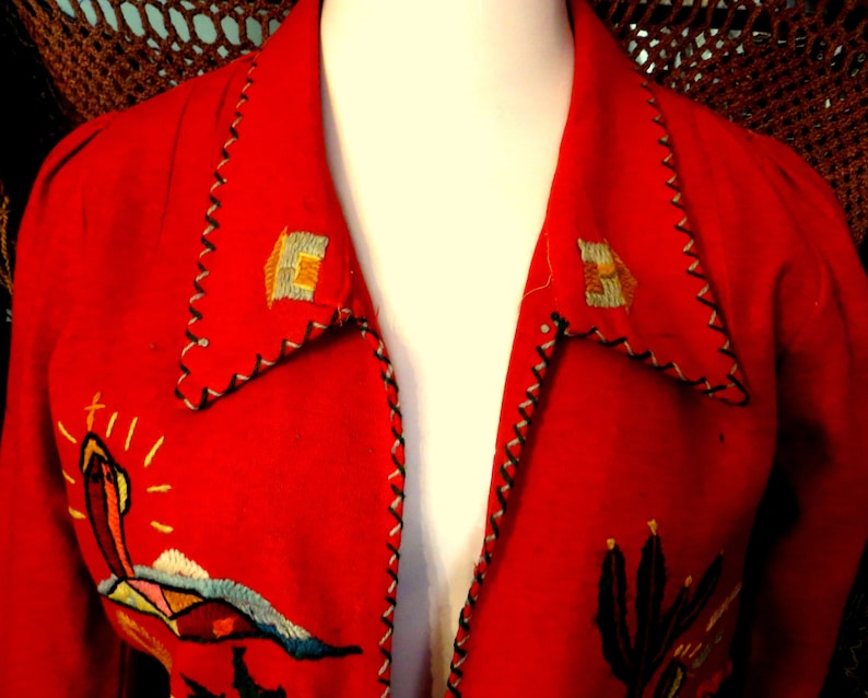 1940s50s Heavily EmbroideredFigured Red Wool Mexican Jacket