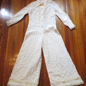 SALE 70s Jumpsuit  Ribbed/Waffled White Cotton/Lace Trimmed OSFM  Ready to Rock Any Summer Festival