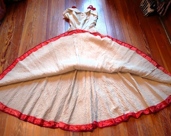 Magnificent Rare 30s/40s Ivory Evening/Ball Gown w/Red Velvet Trim and Straps, "Original Harlene Design"