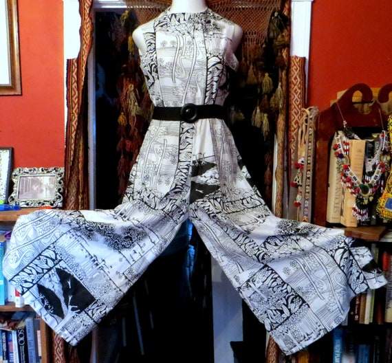 Fab B&W Cotton Palazzo Pants Jumpsuit Mid Century