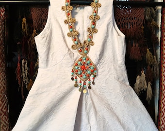 SALE Outrageous 1960s/70s Long White Cotton Dress w/Over the Top Gold Cording and Jewels by Morton Myles for Malcolm Charles