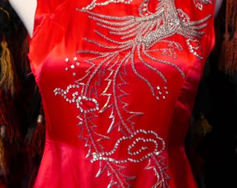 Stunning Beaded/Sequined Peacock Design on BRIGHT Red Silk Satin Cheongsam/Qipao Dress, Fab for Prom, Party, Costume