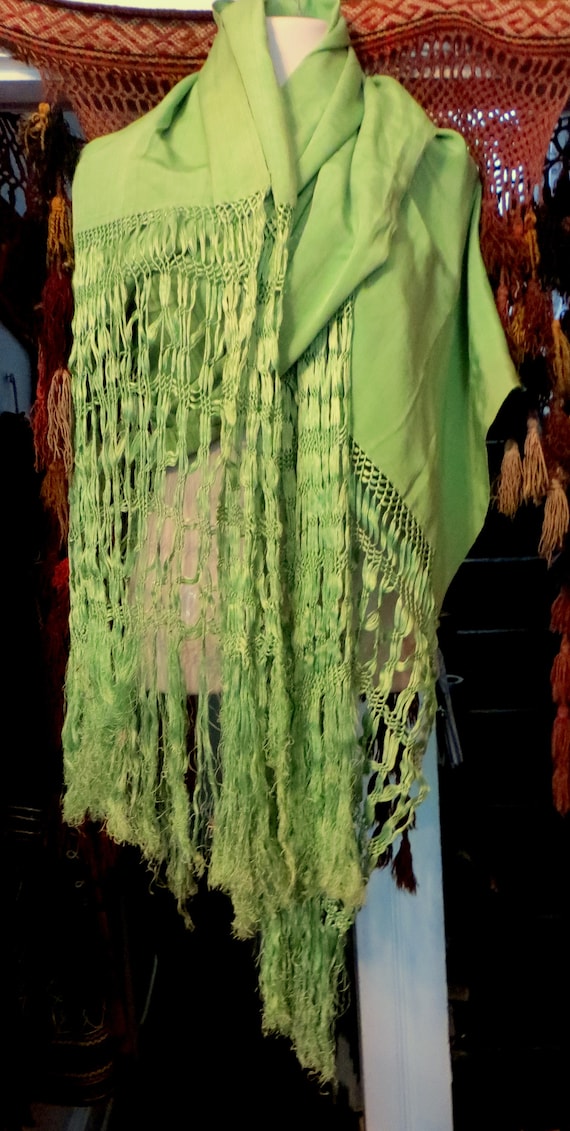 Unusual  20s? Vintage Green Silk Faille Fringed S… - image 1