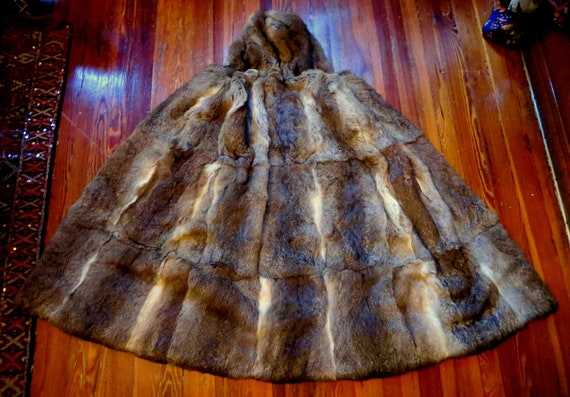 OOAK 1940s/50s Rabbit Fur Hooded Long Cape Game o