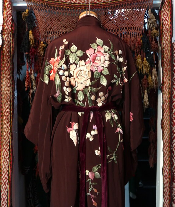 Rare 30s Rich Chocolate Brown Japanese Kimono w/Stunn… Gem