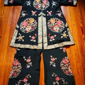 Rare 1920s Heavily Embroidered Black Silk Chinese Pajama Set w/Matching Tunic and Pants, Antique Textile Art to Wear or Display