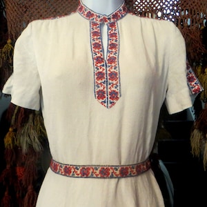 SALE  Rare 1930s Handspun Linen/Muslin Ethnic Dress w/Red and Blue Cross Stitch Embroidery Eastern European