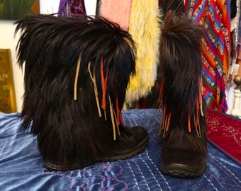 Fab Italian Pajar Dark Brown Fur Apres Ski Boots w/Leather Fringes, 40