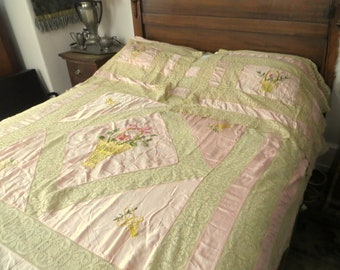 SALE Gorgeous Antique OOAK Handmade Embroidered Silk and Lace Bedspread w/Matching Shams Downton Abbey