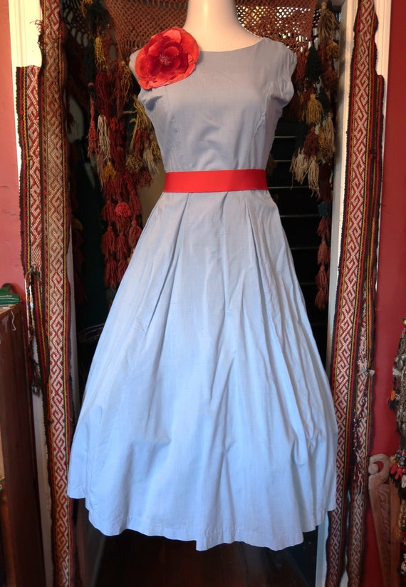 Gorgeous 1930s/40s Long Blue Cotton Fit and Flare… - image 8