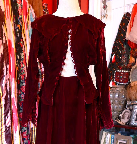 Antique Victorian Burgundy Silk Velvet Blouse and Skirt Outfit/dress W/fabulous Covered Buttons