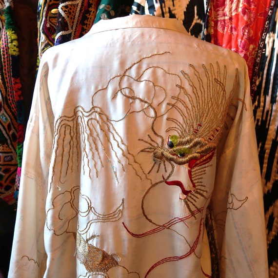 SALE Rare OOAK White Silk Reversible Kimono Robe … - image 1