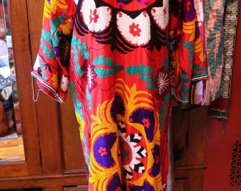 Rare Authentic 60s/70s Uzbek/Central Asian Totally Handmade Heavily Hand Embroidered Cotton Dress, Ethnic Textile Art to Wear or Display