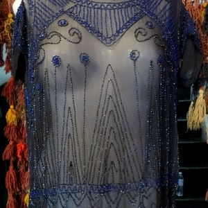 Outrageous 1920s Old Hollywood Sheer Black Chiffon Flapper Dress w/Extensive Blue Beading  Great for Collector/Display