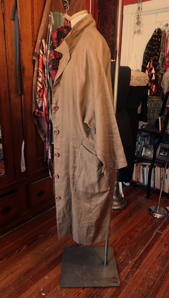 Rare 30s/40s Brown Linen Duster Coat w/Large Pocke