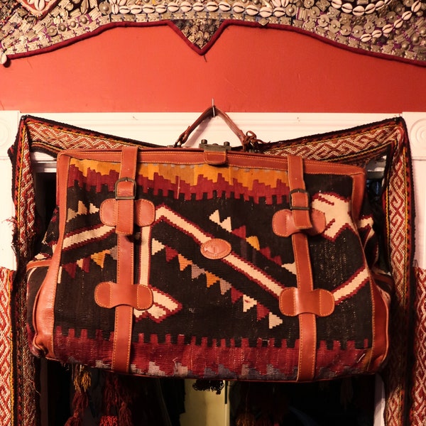Rare Humongous Leather Trimmed Turkish/Moroccan Kilim Weekender Bag/Suitcase, Home Decor