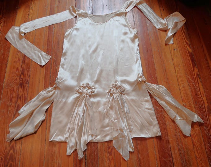 Stunning Ivory 1920s Silk Satin Flapper Dress W/faux Pearls, Rosettes ...