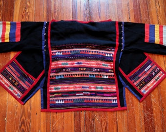Traditional Akha Ethnic/Tribal Jacket w/Multi-Colored Embroidery and Bead Trim, Textile Art to Wear, Rare Larger Size