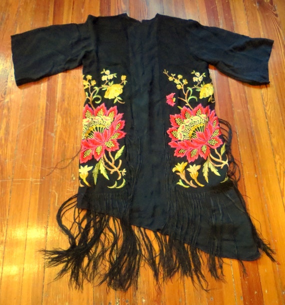 Gorgeous 20s Embroidered/Fringed Black Floral Pian