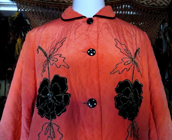 50s Asian Quilted Silk Satin Pajama Set w/Black Ve