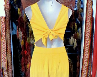 Great Retro Bright Yellow Jumpsuit w/Cut Out Back and Ties, 90s Does 70s