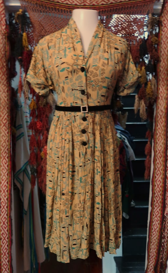 Rare 30s/40s Art Deco Novelty Print Rayon Dress in