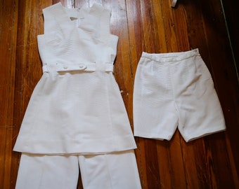 Fab 1950s/60s White Mod Hippie Three Piece Outfit w/Tunic or Mini Dress, Shorts and Long Pants
