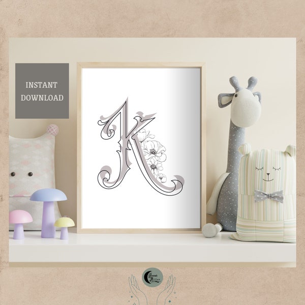 downloadable letter K print at home decor bohemian vibes gothic home decor gift for baby or birthday gift for women initial K wall art