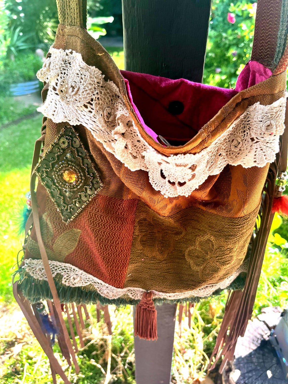 Boho Crossbody Bag Brocade Fabric Purse With Leather Fringe REDUCED Etsy — free download
