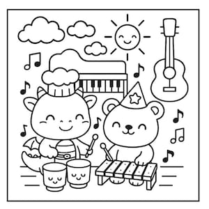 Puede incluir: Dos páginas para colorear en blanco y negro con lindos personajes de dibujos animados. Una muestra un perro horneando galletas y la otra representa un dragón y un oso tocando instrumentos musicales. Hay crayones dibujados en las esquinas.